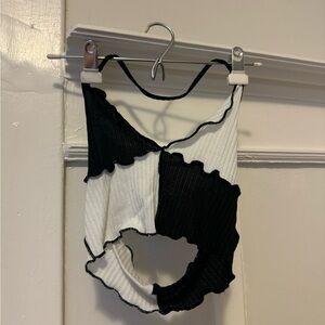 Black/White Checkered Lettuce Trim Halter Crop Top